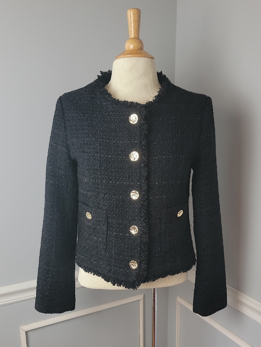 RACHEL ZOE Black Tweed‎ Gold Button Old Money Professional Classic Lady Jacket S